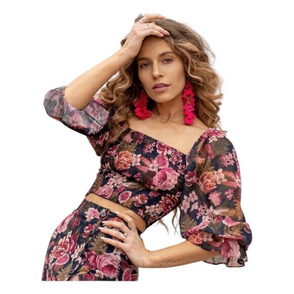 Mia Joy Joyfolie Rehanne Midnight Blue Floral Set Smocked Top Midi Skirt XS - Picture 3 of 12